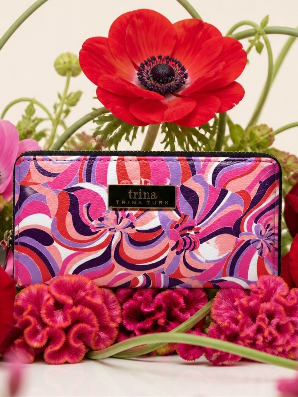 NIB Trina Turk Bohemian Pink Swirl Zip-Around Wallet